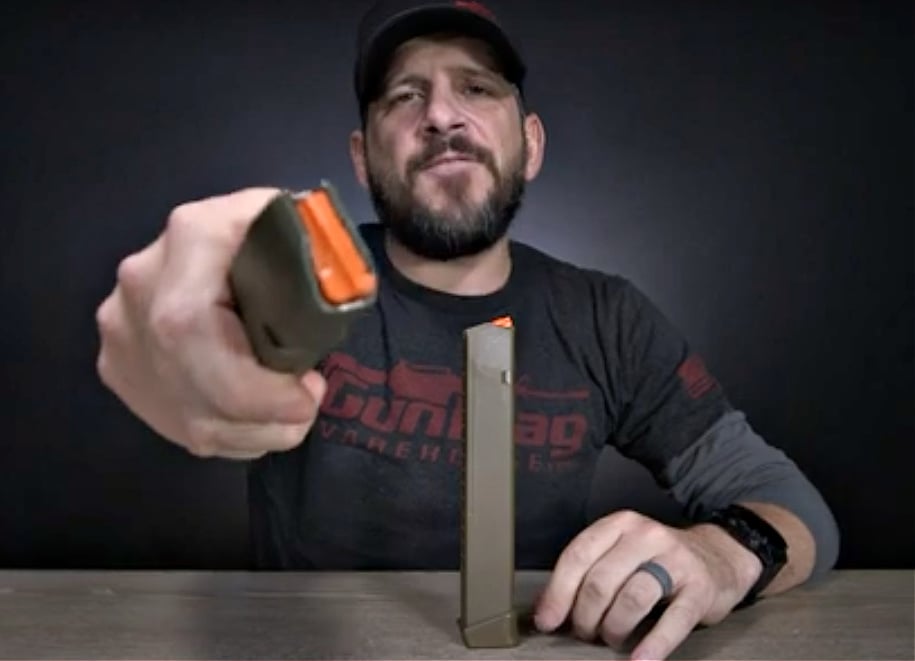 Glock 33 round magazine, OEM, 9mm in FDE and OD with High Visibility Orange Followers