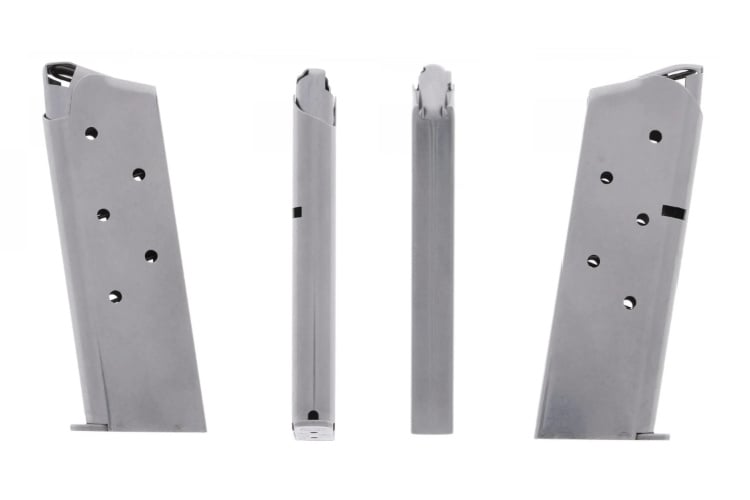 Officers 1911 stainless steel 6-round magazine with round follower.