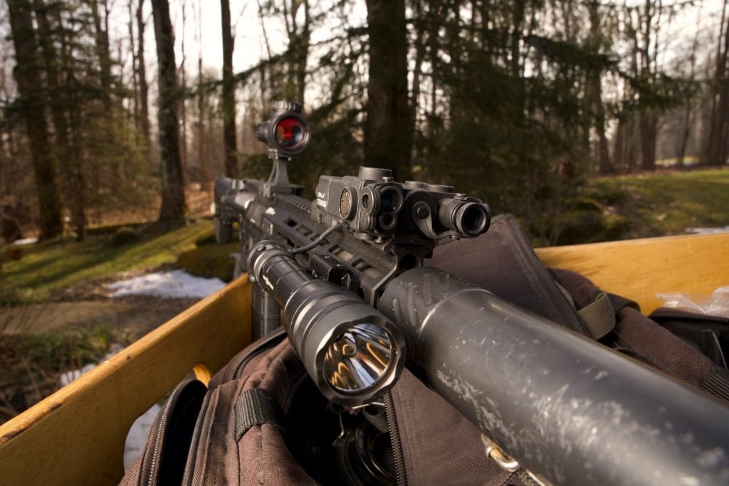 AR-15 handguard, REIN weapon light, laser.