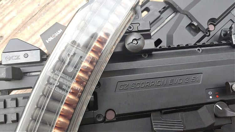 ETS CZ Scorpion magazine loaded with cheap, steel-cased Winchester Forged ammo.