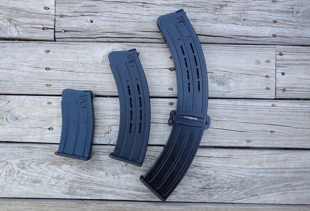 VRBP 100 mags: 5, 9, and 19 round mags. In a pinch, the 19 round mag can be used as a boomerang.