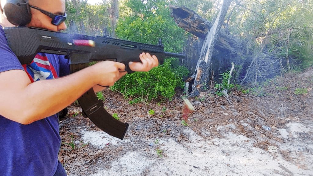 Shell ejecting from the RIA VRBP 100 12 gauge bullpup shotgun. 