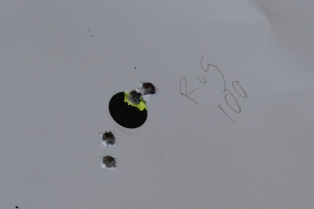 Four shots in rapid succession from 100 yards with Ruger American Rifle.