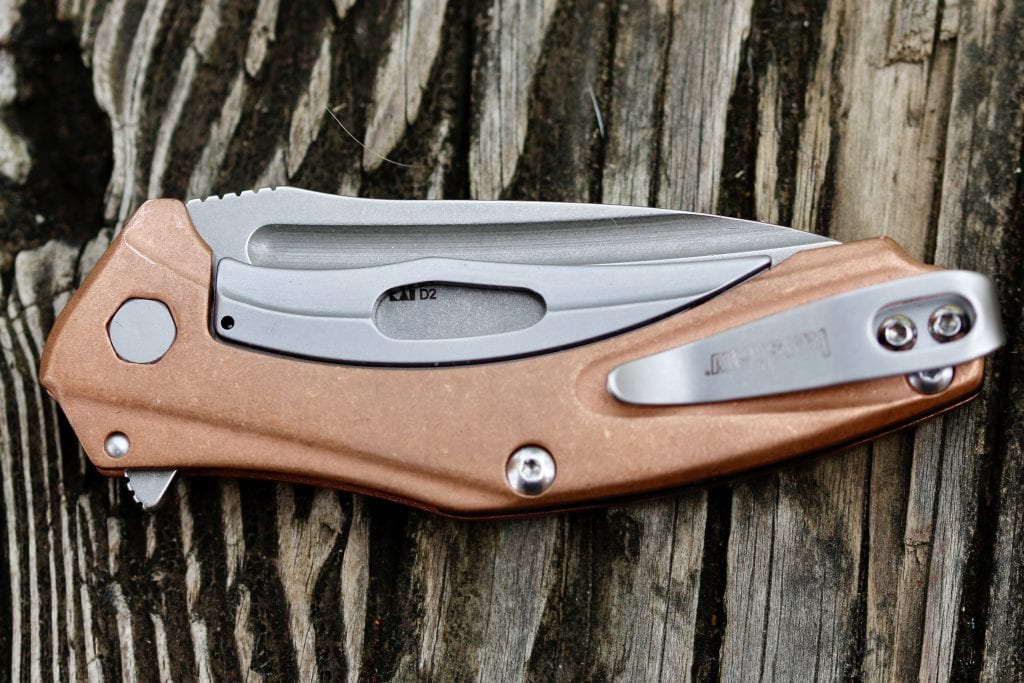 This Kershaw Natirx has copper handle with a sub-frame lock. The copper would be too soft to make a lock from.
