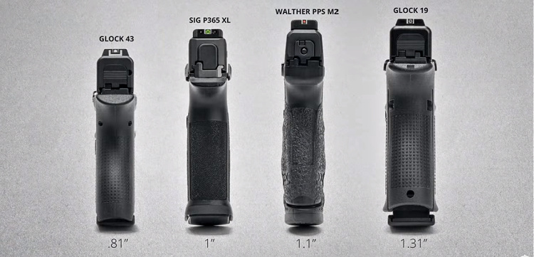 width comparison between Glock 19, Sig P365 XL, Walther PPS M2, and Glock 43
