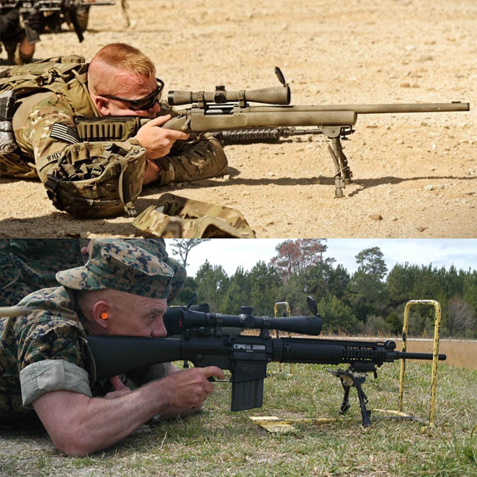 The military sought in the M110 a purpose built rifle that combined qualities of the two 7.62x51 sniper rifles that came before it: the M24 (top) and MK11 Mod 0 (bottom).