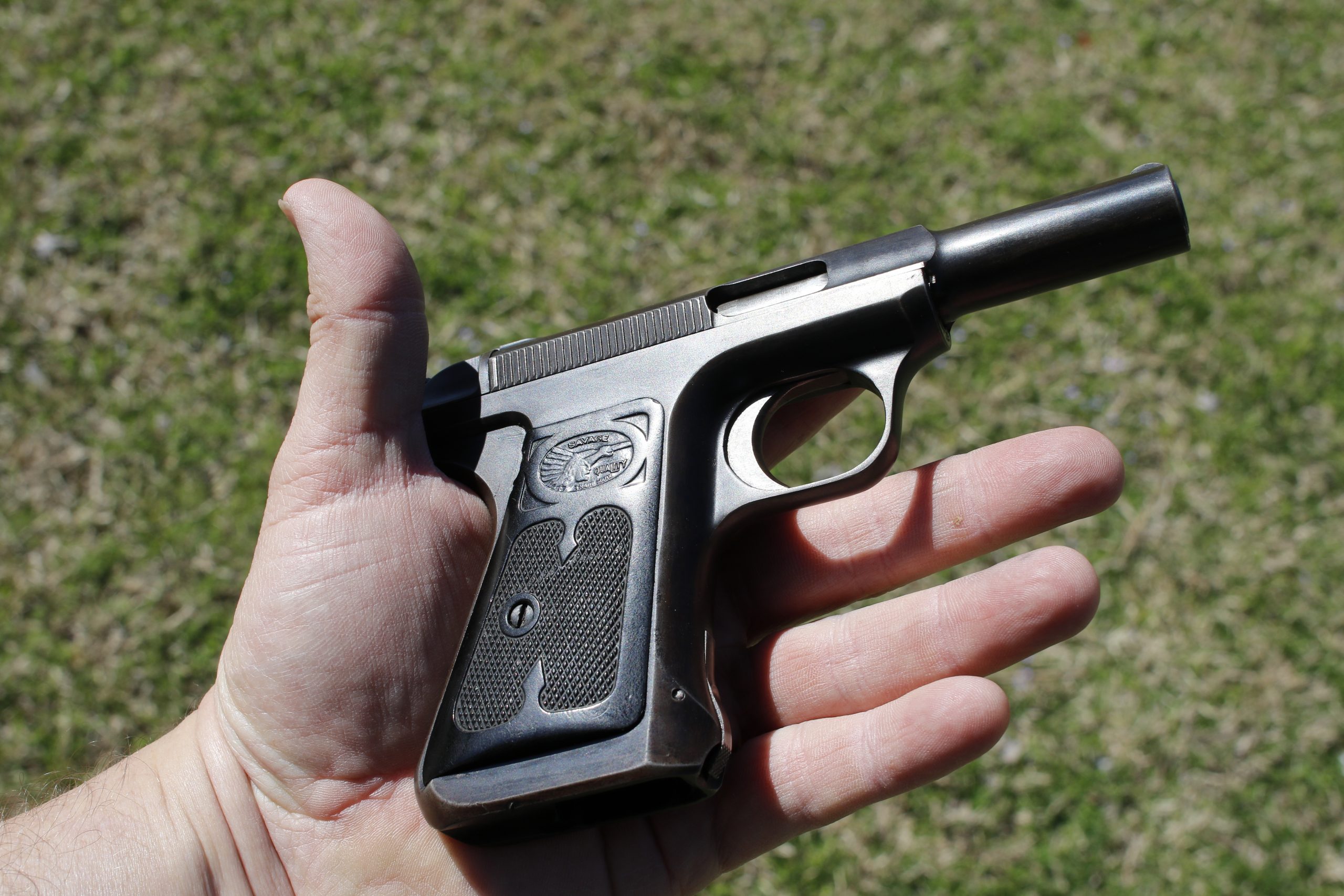 The triangular grip on the 1917, as opposed to the more straight-line grips of the Savage 1907, allow for three fingers on the grip.