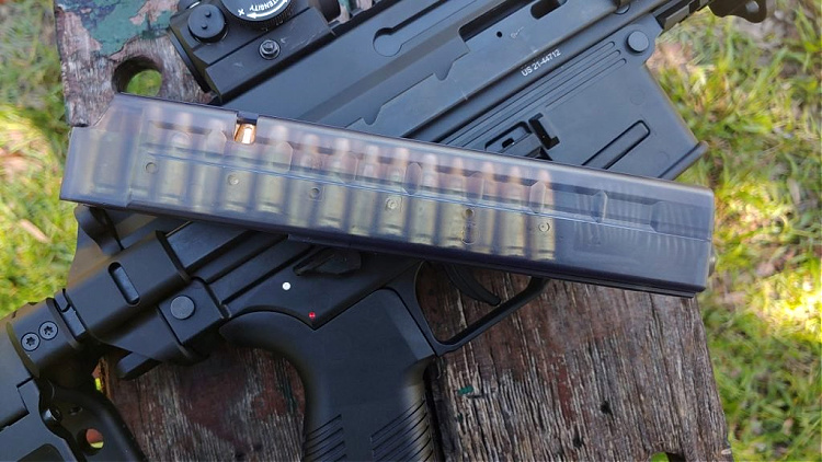 With the right lower the APC9K can use Glock or SIG mags. This image shows it with the standard B&T 30-round mag.