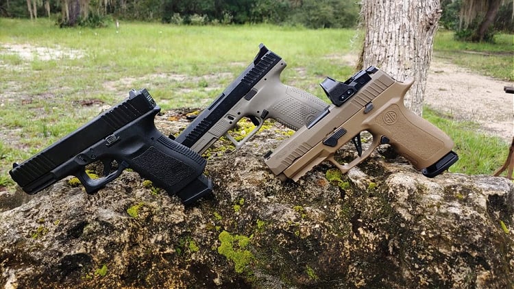 compact pistols, Glock 19, CZ P10C, and Sig P320