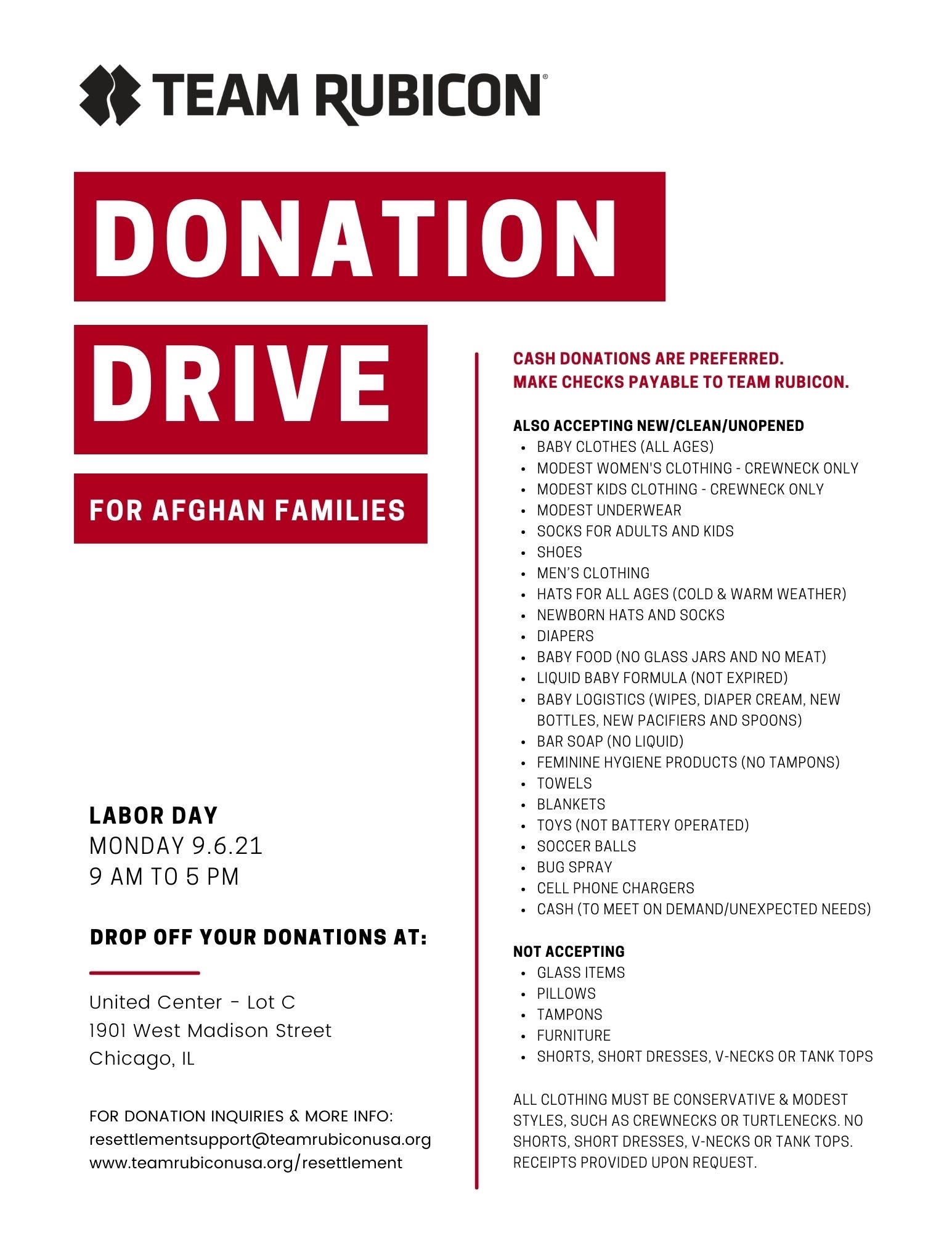 Information from a donation drive TR will be conducing at the United Center in Chicago, IL to benefit Afghan families being resettled in the US. 
