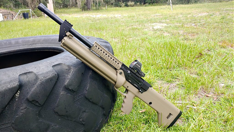 SRM 1216 magazine-fed shotgun with tri-rail for accessories.
