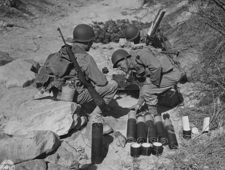 Black and white image of US Army Mortarment with M1 carbine at Fort Carson, Colorado.