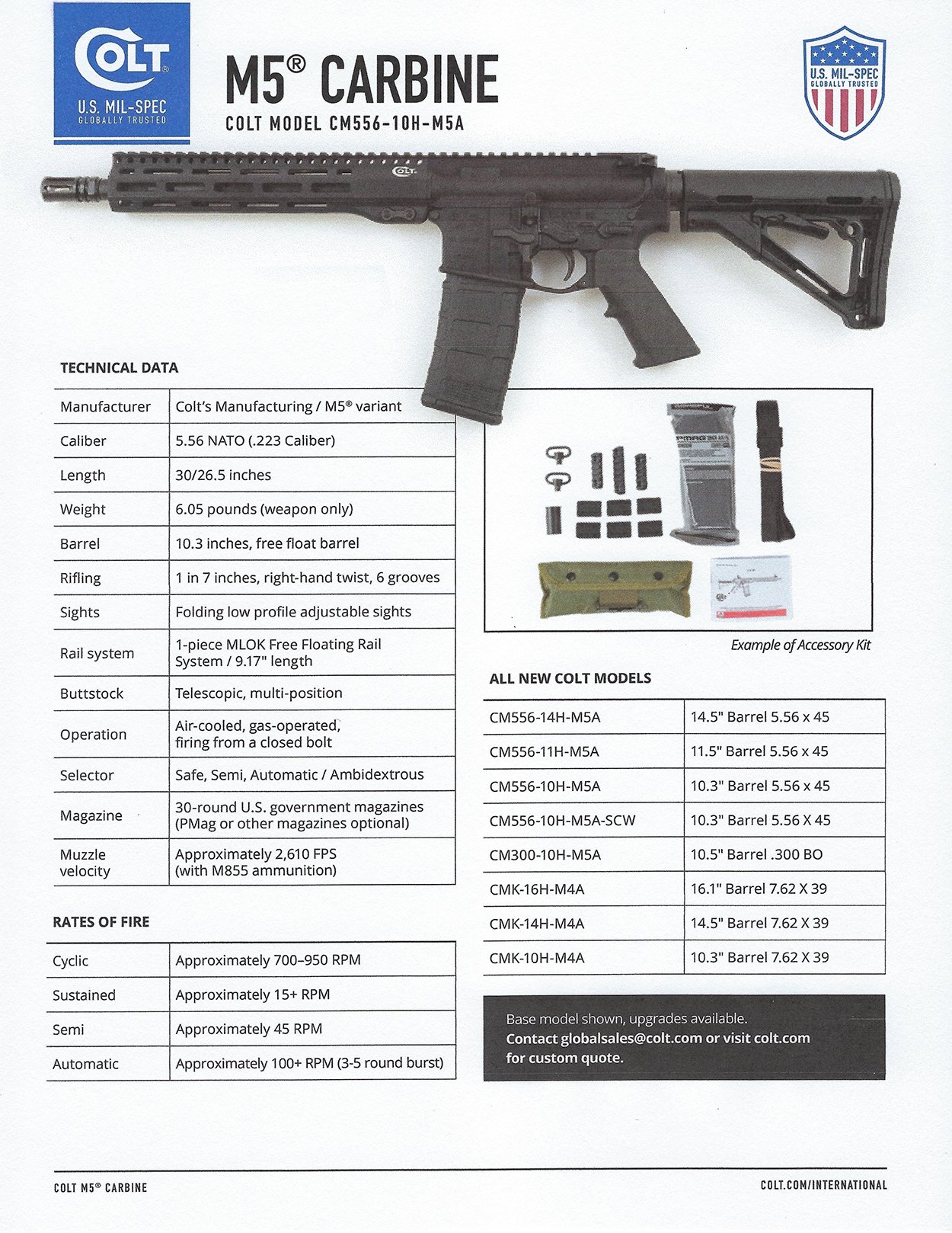 The Colt M5 Carbine's specification sheet.