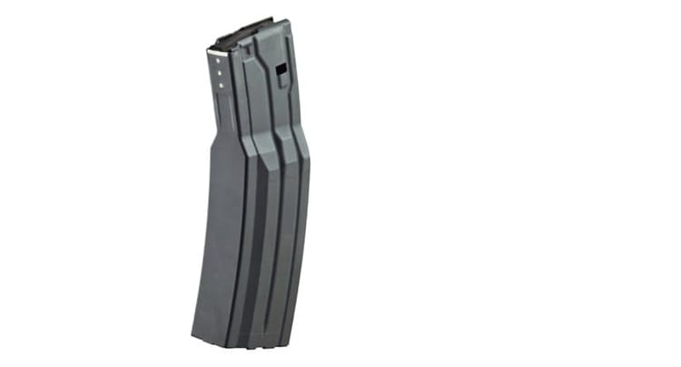 Surefire weird magazine design, AR-15 223 Remington 60-round aluminum casket mag