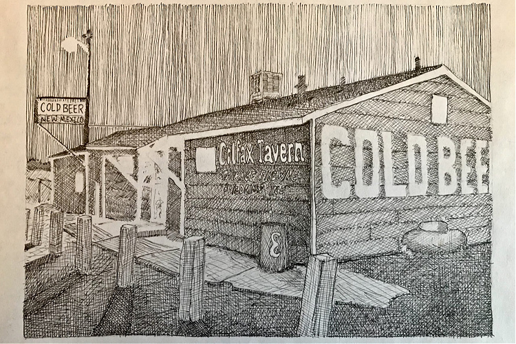 Line drawing of a tavern with Cold Beer signs. Artist: David Higginbotham, using Honeybadger Arsenal Pilot G2 bolt action pen.