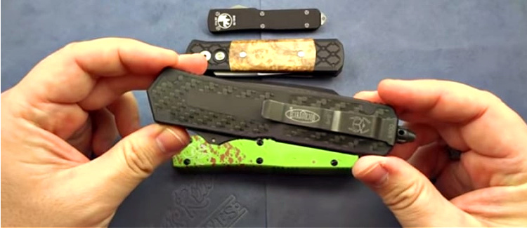 Microtech Limited Edition Scarab features carbon fiber inlays.