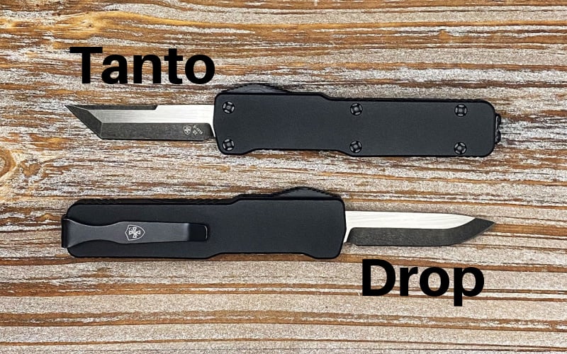 The Templar OTF Cali Legal Micro knife has two different blade options to choose from: Tanto style or Drop style.