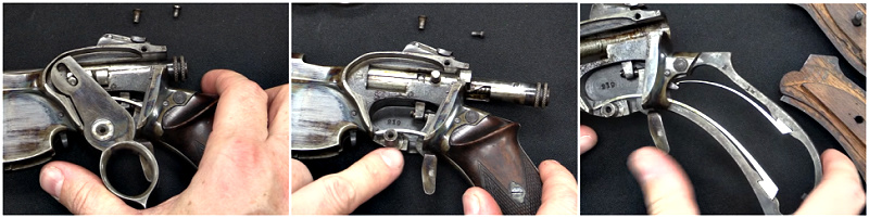 (L) Ring mechanism. (M) Firing system. (R) Trigger and ring mechanism springs in the grip frame.