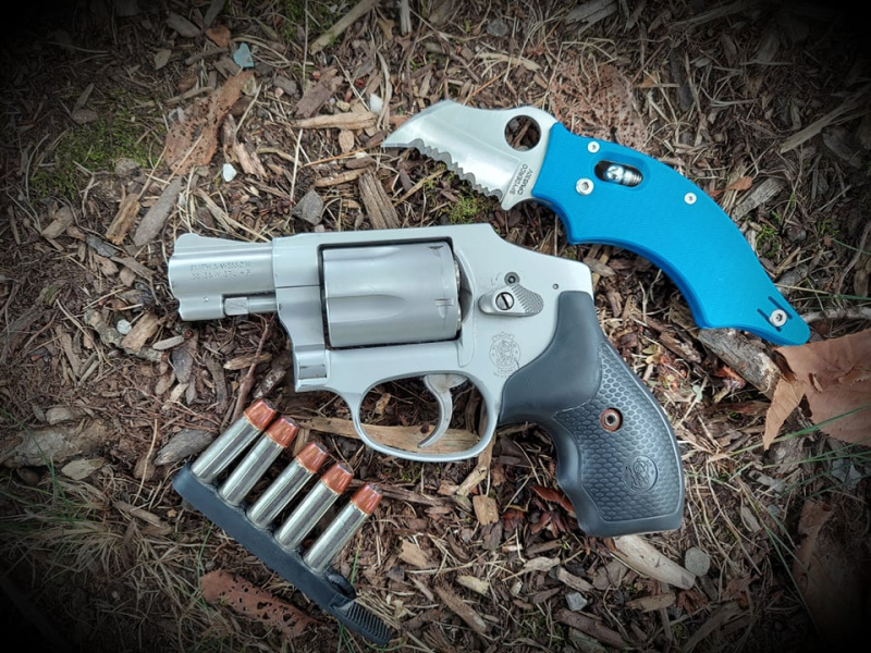 The knife can be a part of a defensive package, in addition to being a useful utility knife. The revolver is a S&W 642-2 in .38 Special.