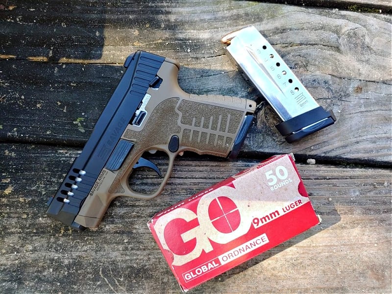 Savage Stance pistol, magazine, and Global Ordnance 9mm Luger ammunition