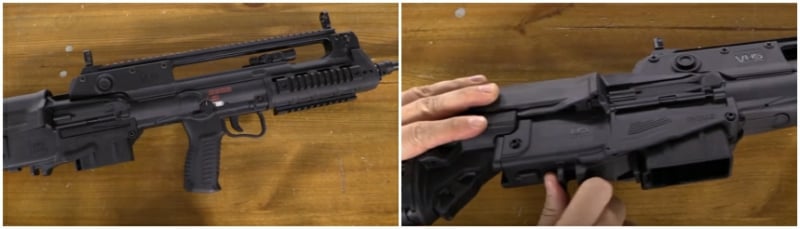 mag release and bolt release on the bottom of the rifle behind the interchangeable mag well.