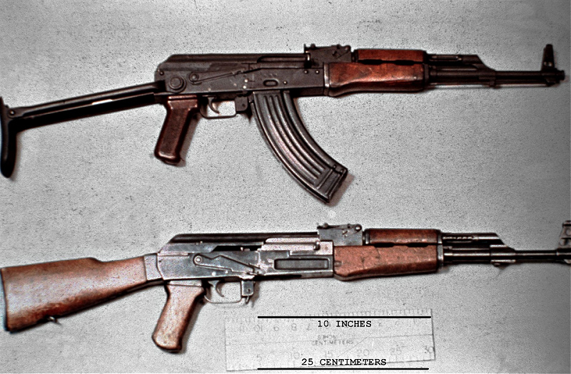 AKM with an under folding stock and an AK-47 with the standard Kalashnikov stock. 