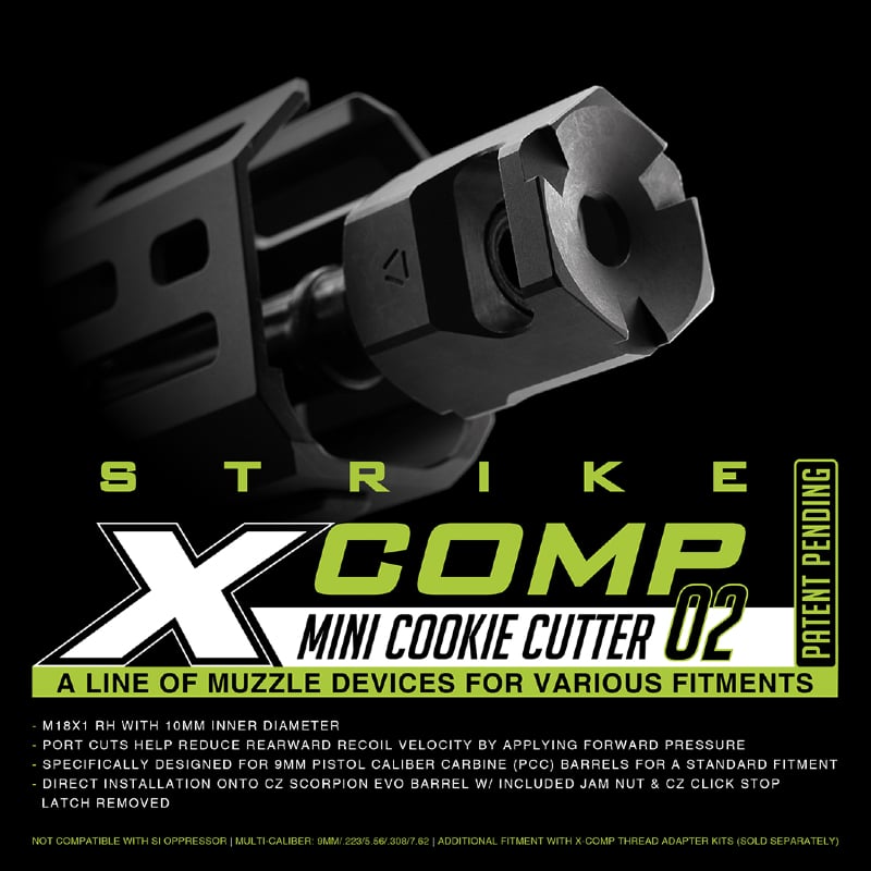 The Strike Industries Strike X-Comp Mini Cookie Cutter muzzle device.