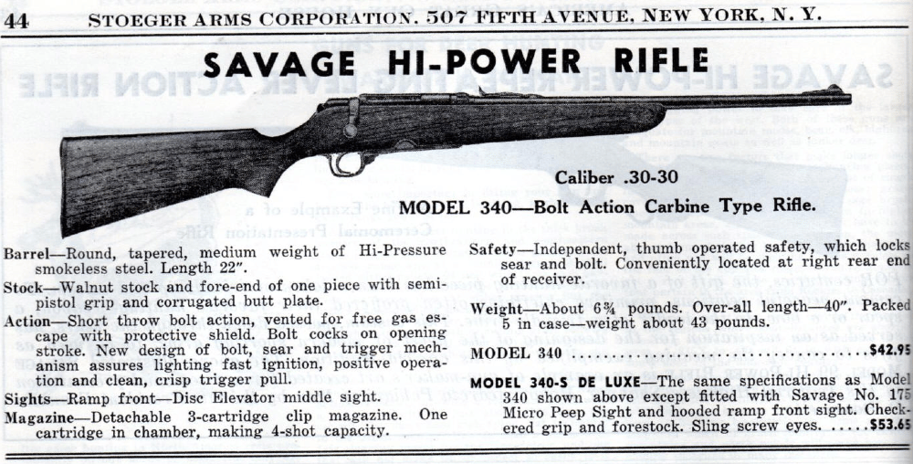 advertisement for Savage 340 in .30-30 winchester