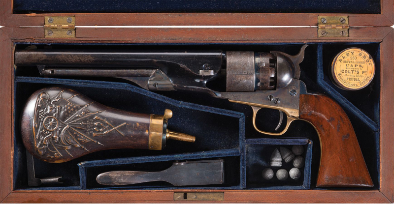 Um kit Colt Army Modelo 1860, incluindo as peças necessárias para o carregamento.