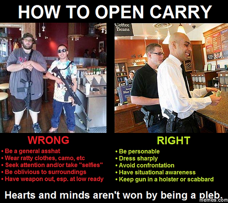 meme of wrong and right way to open carry a firearm