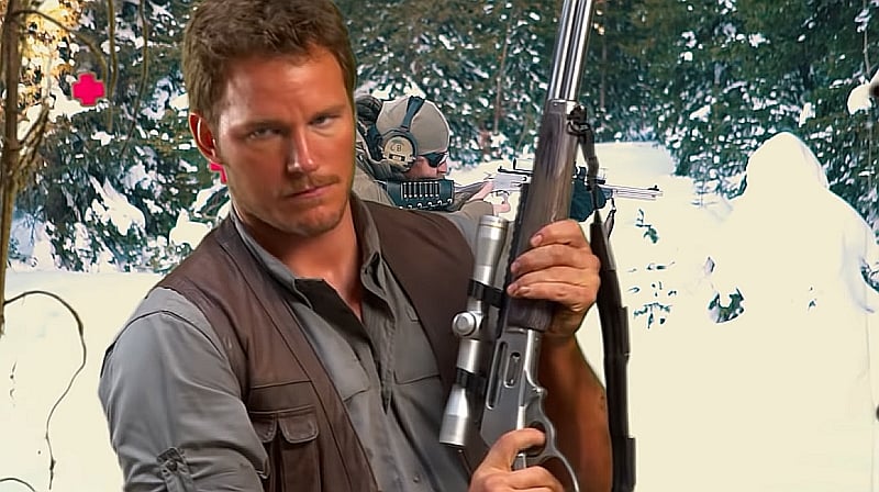 Chris Pratt in Jurassic Park with a 45-70 lever action rifle