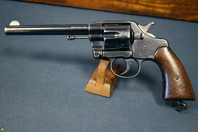 1903 U.S. Army revolver propped on stand