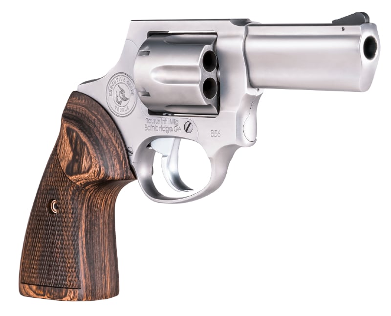 The walnut grips on the Taurus 856 Executive Grade revolver are made by Altamount.