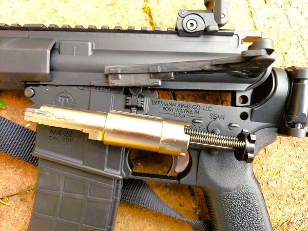 Tippmann Arms M4022 micro pistol, field stripped with bolt out for cleaning