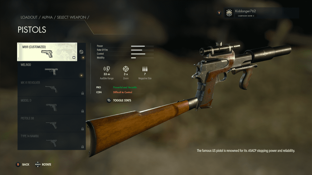 Customized M1911 pistol in Sniper Elite 5