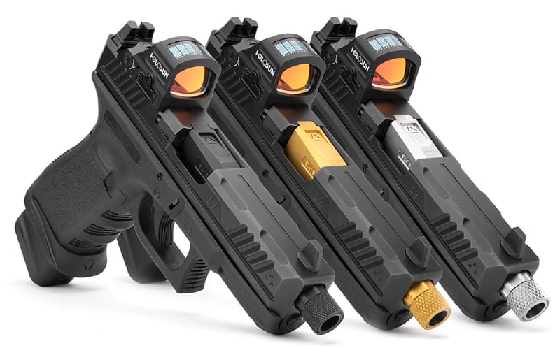 three Glock 19 pistols, each with a Strike Industreis threaded barrel