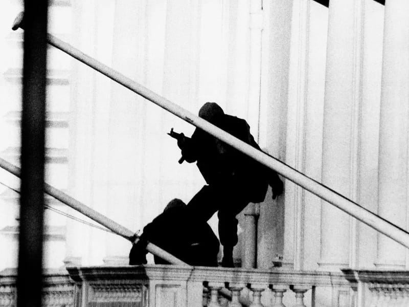 SAS operators storm the Iranian Embassy, Londong, 1980.
