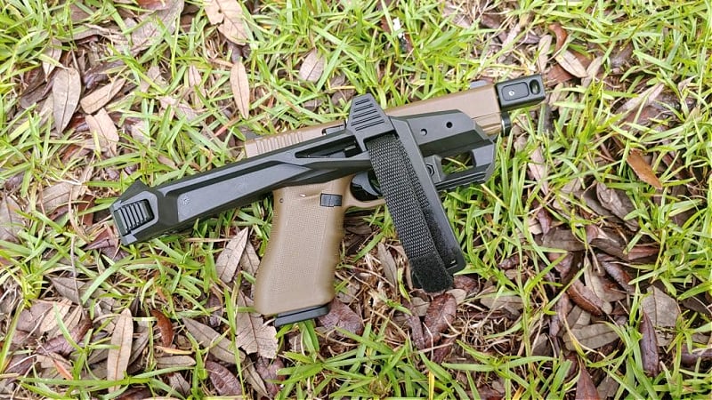 Recover Tactical 20/20 brace, locked into folded position on a Gen 3 Glock 17