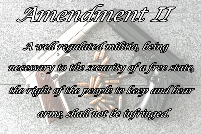 Second Amendment text over two pistols Bruen Decision 