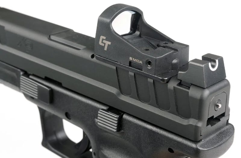 The Crimson Trace CTS-1500 red dot sight is shown here mounted to the XD OSP slide.