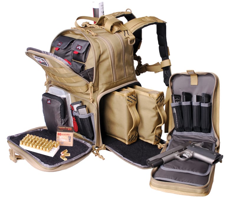 GPS Outdoor tactical range backpack with all pockets open to see contents