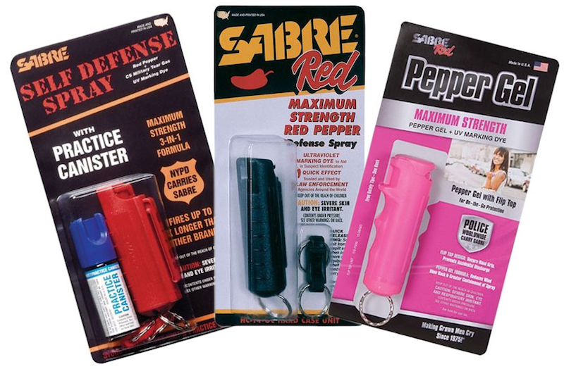 Three packages of SABRE Red pepper spray.