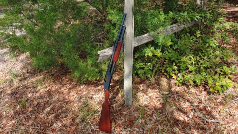 riot gun leaning against a fence post