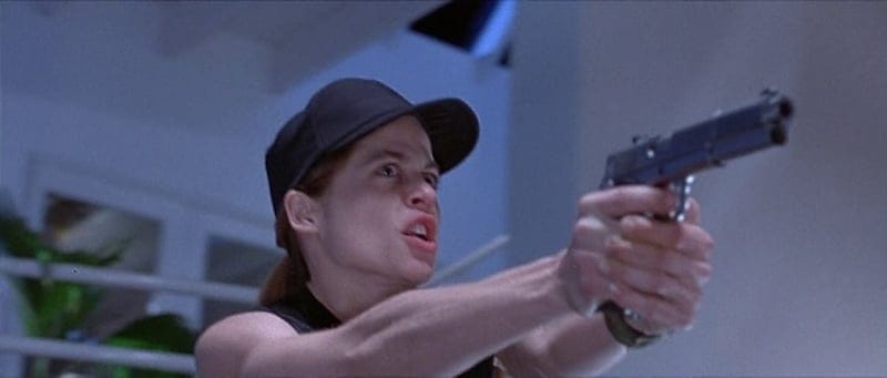 Sarah Connor aims her Detonics Custom 1911 in a surprisingly good grip, considering how Hollywood tends to mess up proper firearm use.
