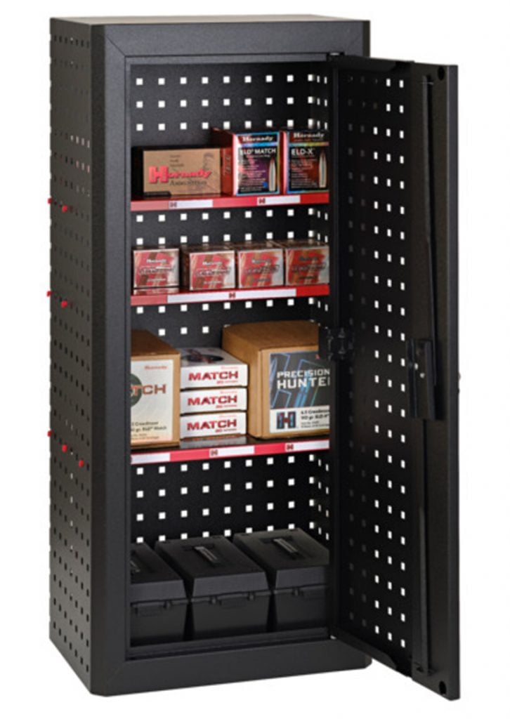 ammo cabinet with door open and each shelf loaded with boxes of ammunition