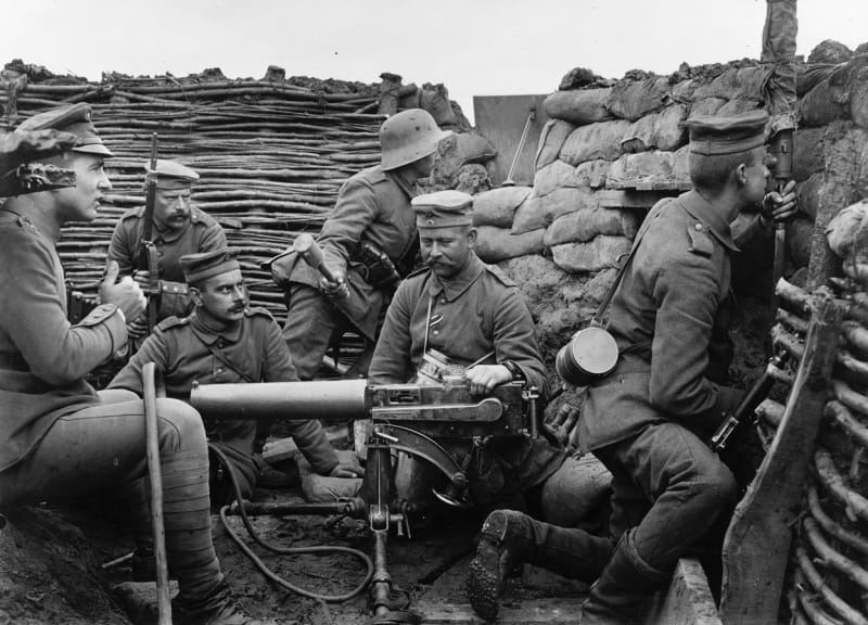 Germans with an MG08 on what appears to be a captured Vickers machine gun tripod