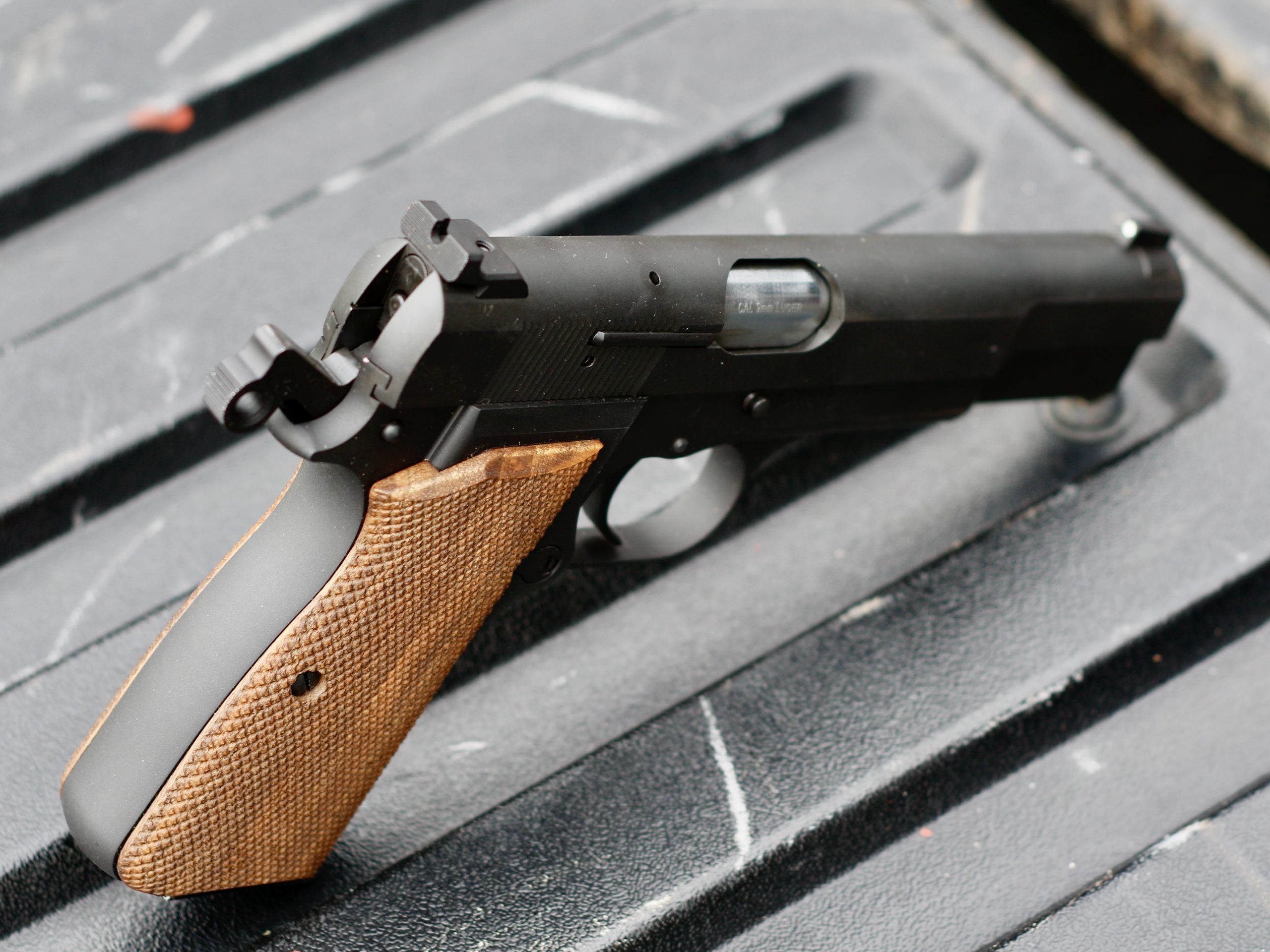 The rear sight has a shelf built into the design.