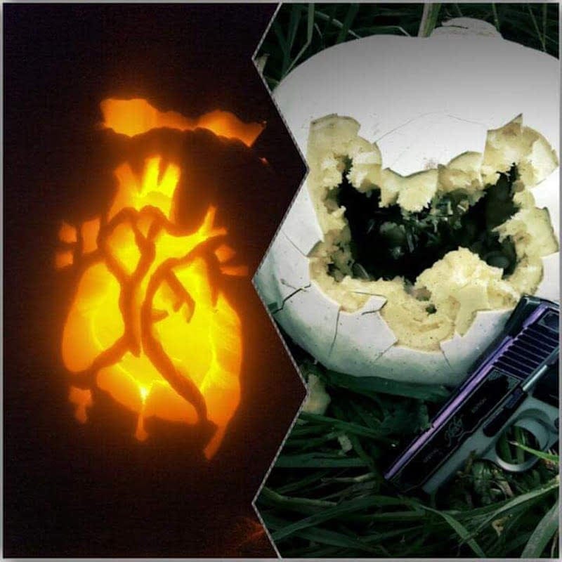 Pumpkin with hand-carved heart versus a pumpkin with a heart carved by 45 ACP