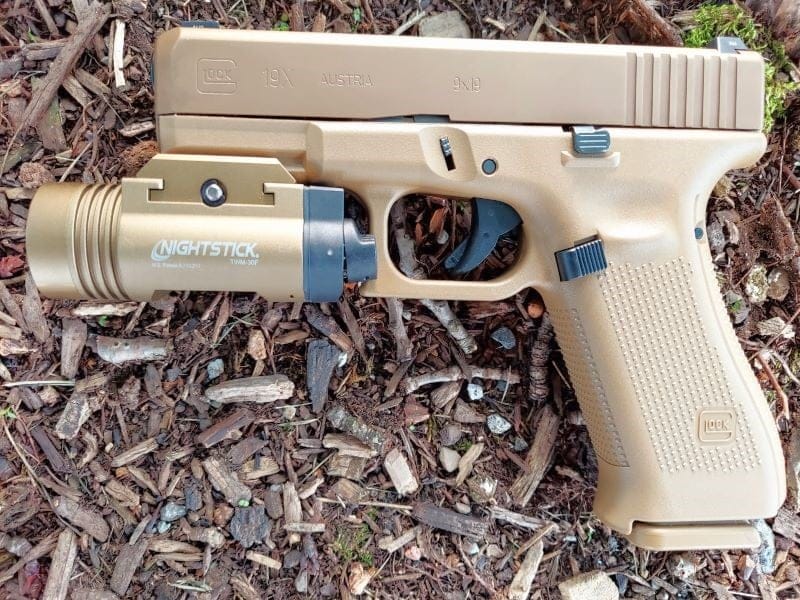 Glock 19X pistol with weapon mounted light.