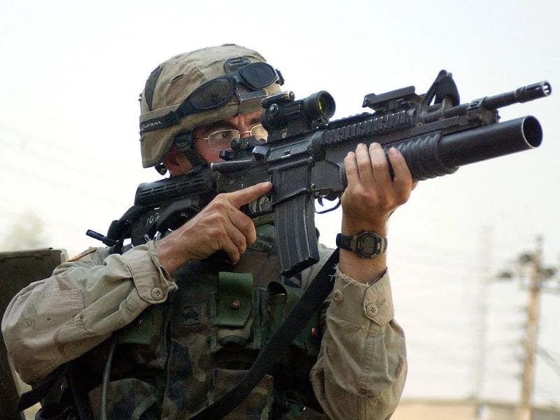 An M203 mounted on an M4 Carbine.